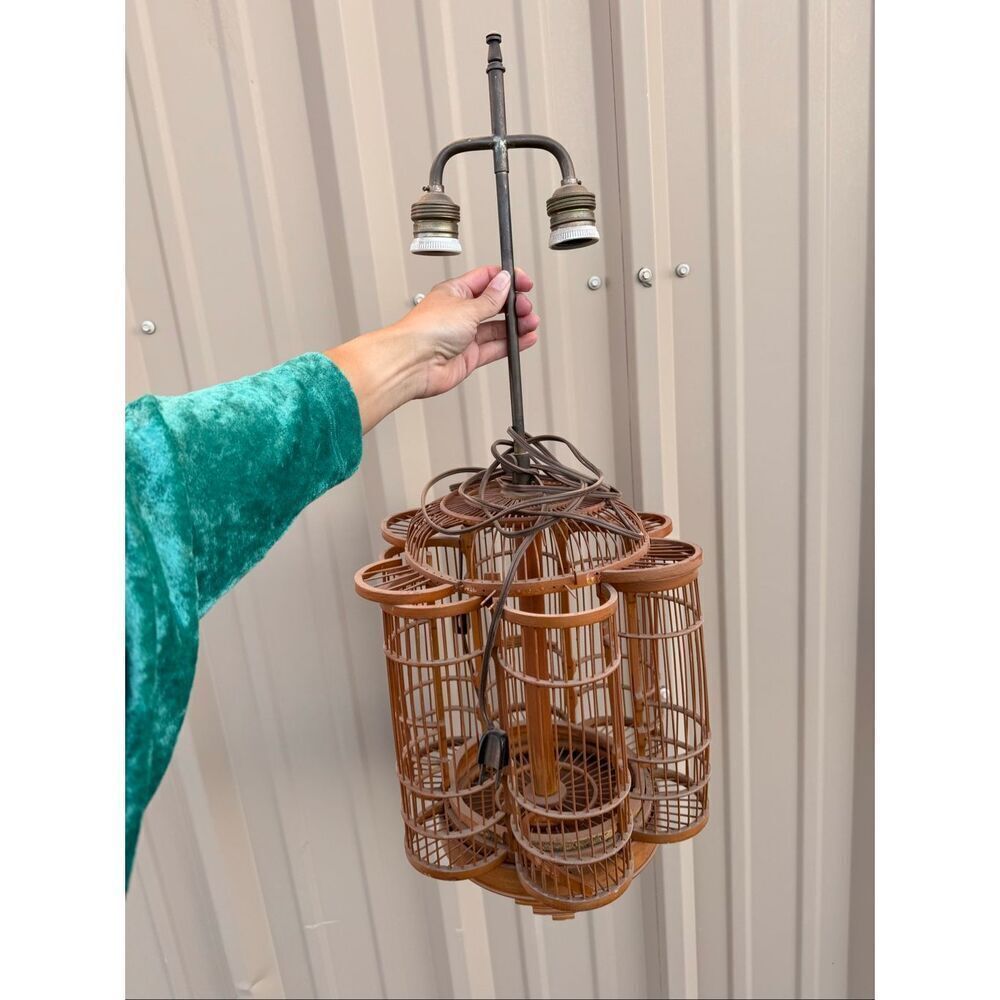 Antique Chinese birdcage bamboo wooden hanging light fixture cylinder chambers